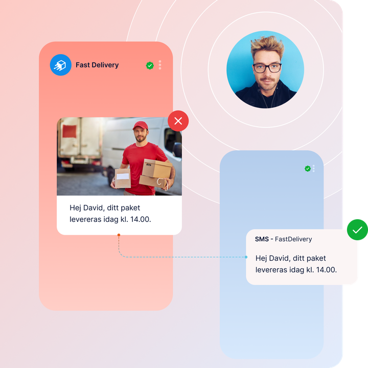 Bild som visar RCS Business Messaging med automatisk SMS-fallback, där ett rich media-meddelande automatiskt skickas som SMS till enheter utan stöd för RCS för att säkerställa full räckvidd.