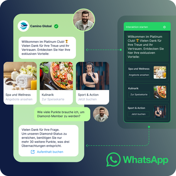 WhatsApp-Zwei-Wege-Messaging-Chatbot mit automatisierten Antworten, bei dem Kunden Treueprogramme entdecken und personalisierte Empfehlungen über Conversational Messaging erhalten.