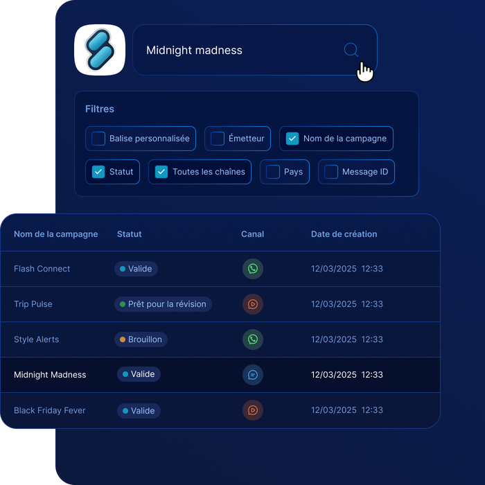 Interface de recherche affichant des filtres de campagne et une liste intitulée « Midnight Madness », avec les statuts et les dates de création.