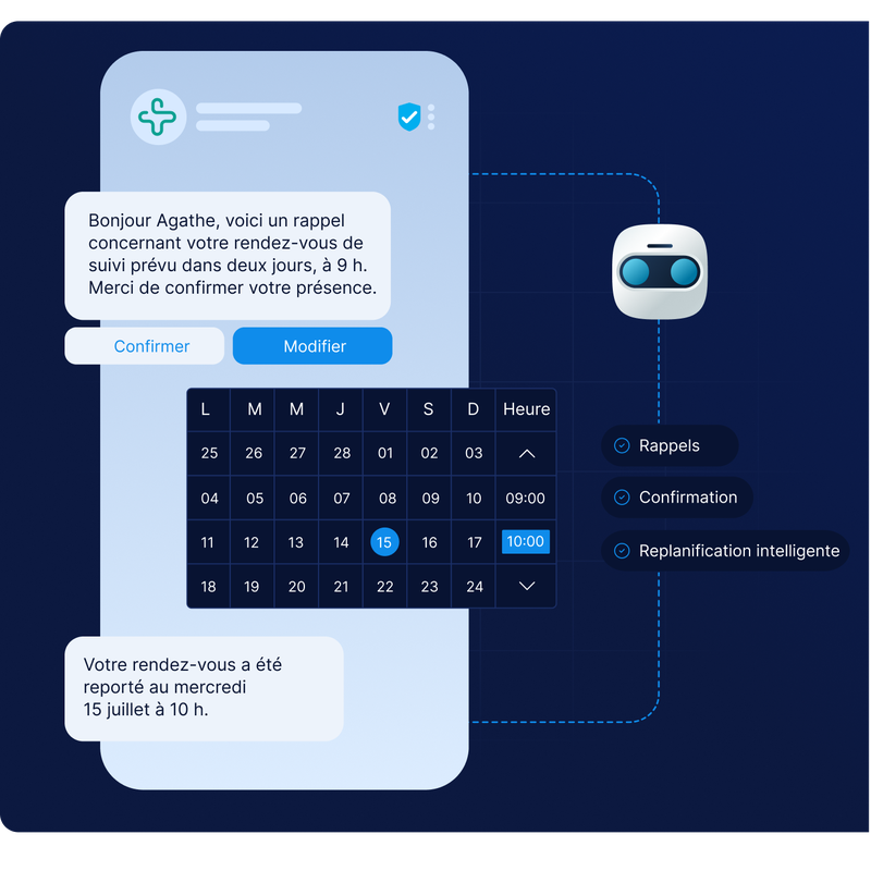 Écran d'un smartphone affichant un calendrier et une notification concernant un rendez-vous reporté. Les options disponibles sont la confirmation, la modification et le report automatique.