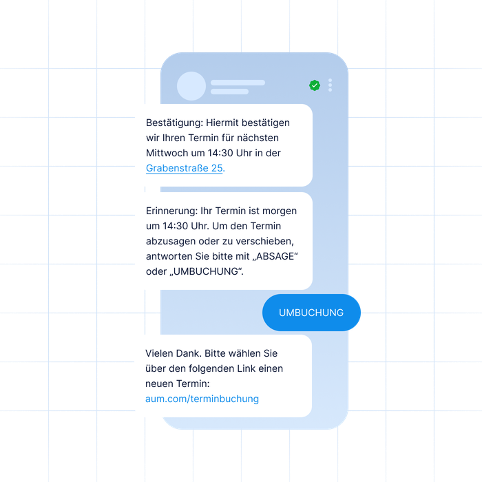 SMS-Konversation mit automatisierter Terminbestätigung, Terminerinnerung und Link zur Terminumbuchung. Alle Nachrichten werden über den SMS-Kanal von LINK Mobility mithilfe von Messaging-APIs versendet.