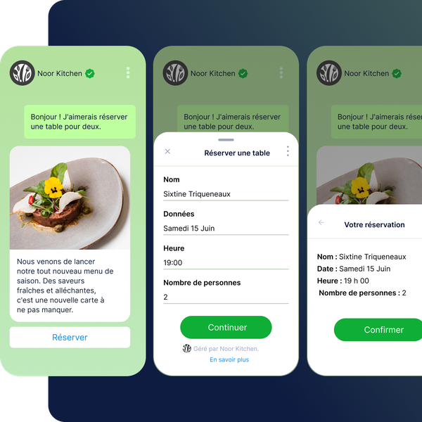 Three mobile app screens from Noor Kitchen showing a reservation process, with options to reserve a table for two and confirm details.