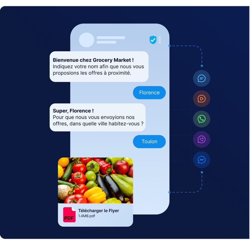 Une fenêtre de discussion affichant un échange avec un supermarché, demandant à l'utilisateur d'indiquer sa ville, accompagnée d'un prospectus au format PDF présentant un assortiment de légumes.