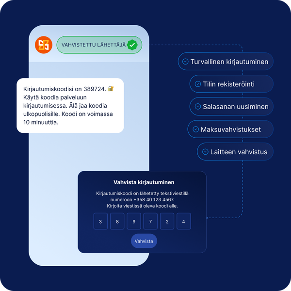 Vahvistettu lähettäjä -merkinnällä varustettu viesti, jossa kertakäyttöinen kirjautumiskoodi syötetään turvalliseen tunnistautumisnäkymään eri käyttötapauksia, kuten kirjautumista ja maksuvahvistuksia varten.