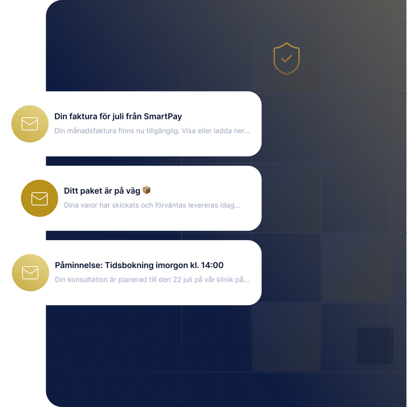 Bild som visar e-postmeddelanden som skickats via ett Email API: utskick av faktura, uppdatering om paketleverans och påminnelse om kommande tidsbokning.