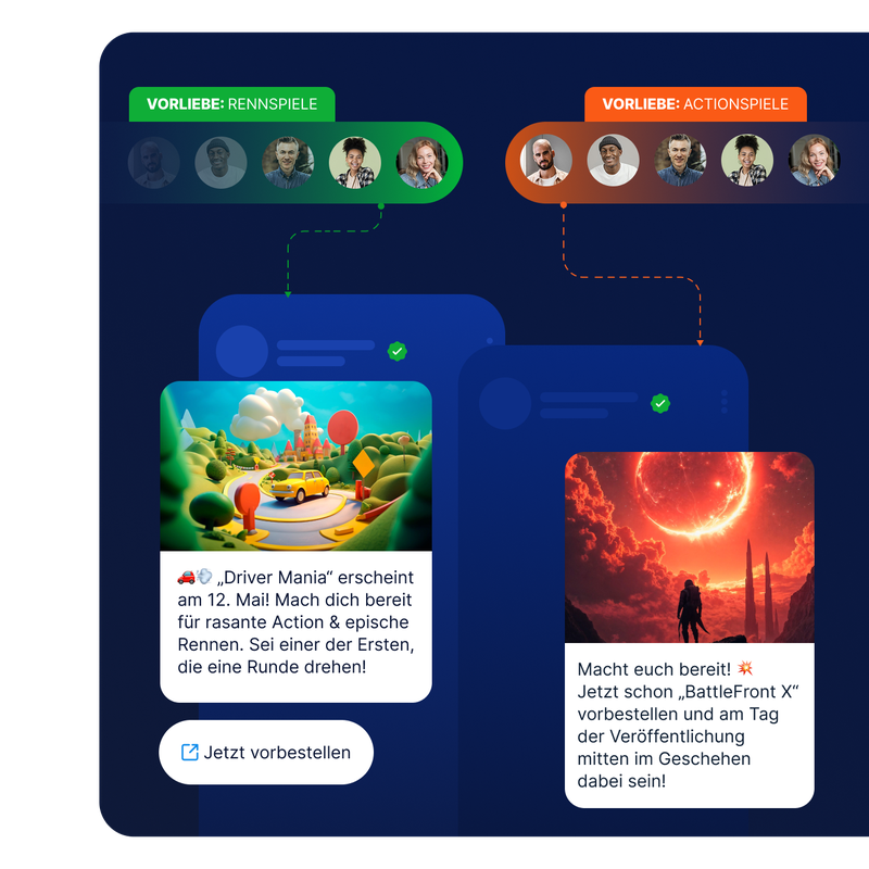 Zwei App-Bildschirme, auf denen Vorbestellungen für Spiele zu sehen sind: einer für „Driver Mania“, ein Rennspiel, und ein weiterer für „BattleFront X“, ein Actionspiel.