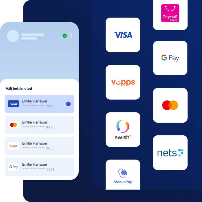 Illustration av vilka betalmetoder mottagare kan välja att betala med. Loggor för bland annat Swish, Vipps, Visa, Mastercard och MobilePay