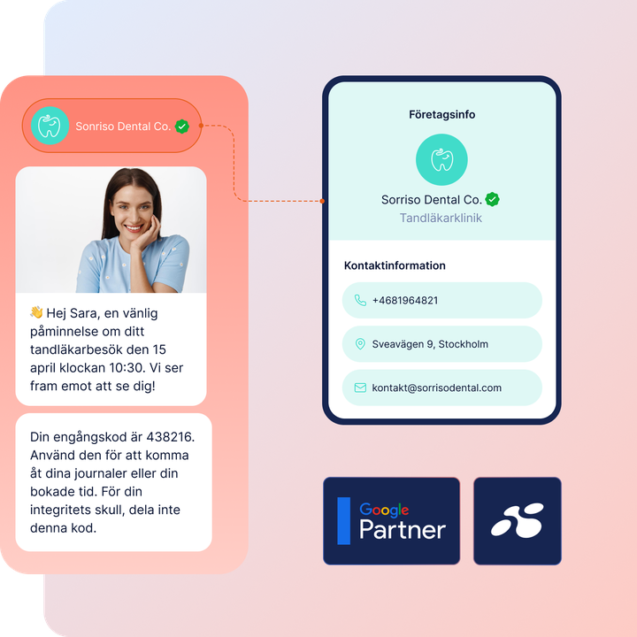 Bild av RCS Business Messaging där en verifierad tandvårdsklinik skickar bokningspåminnelser och engångskoder (OTP), vilket illustrerar säker och varumärkesanpassad kommunikation med RCS Business Messaging API.
