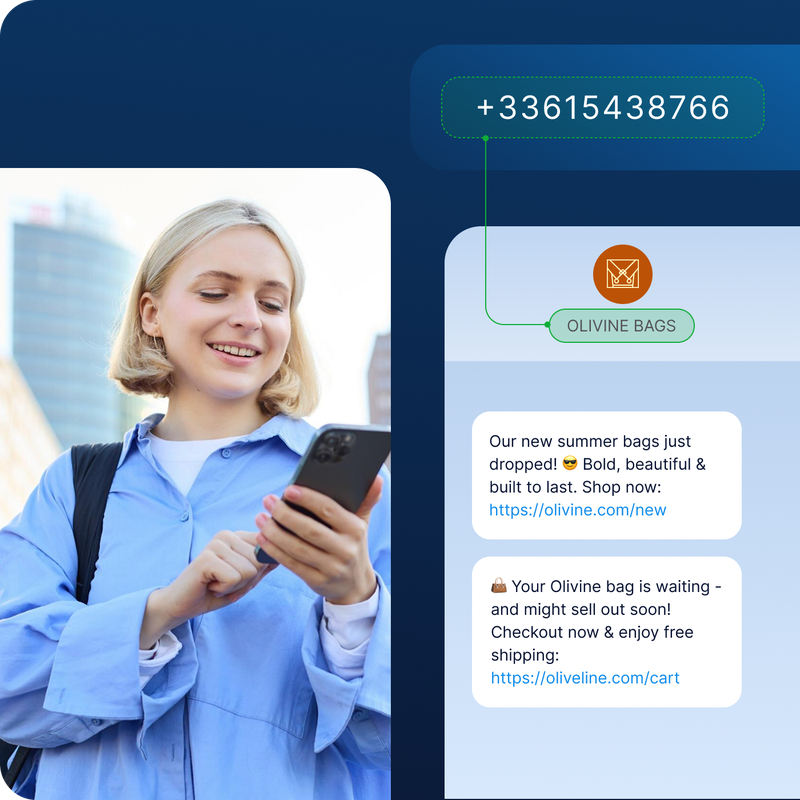 Woman receiving SMS marketing messages via SMS API from Olivine Bags, showcasing a product launch announcement and cart reminder with links to shop and checkout.