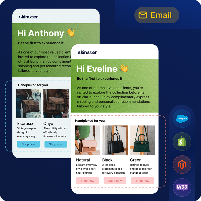Email mockup from "Skinster" featuring personalized product recommendations and a launch invitation, with ecommerce platform icons on the side.