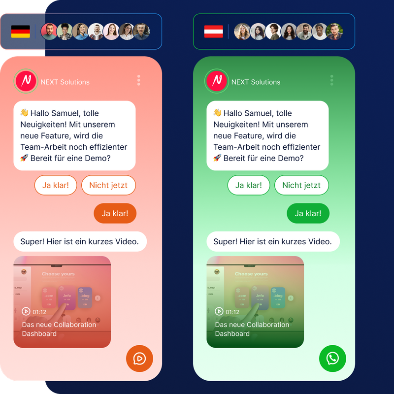 Chatbot-Nachrichten auf Norwegisch und Englisch, die ein neues Dashboard für Zusammenarbeit mit Video-Demo und Antwortoptionen für Nutzer ankündigen.