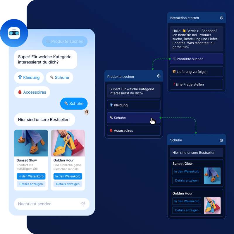 Chatbot-Interaktion, die einen Kunden beim Durchsuchen von Produktkategorien und bei der Auswahl von Schuhen mit angezeigten beliebten Empfehlungen für ein einfaches Einkaufserlebnis zeigt.