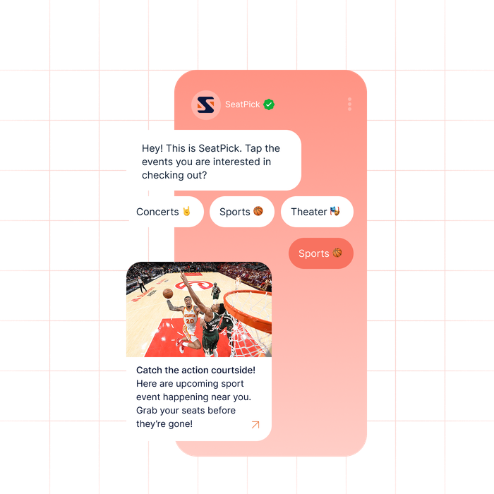 RCS Business Messaging chat from SeatPick with quick reply buttons for concerts, sports, and theater, plus image card promoting local basketball event.
