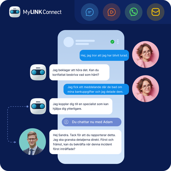 Bild som visar en kundtjänstdialog med en AI-chatbot och tvåvägskommunikation där en användare rapporterar bedrägeri och sömlöst kopplas vidare till en kundtjänstmedarbetare via SMS, WhatsApp och RCS.