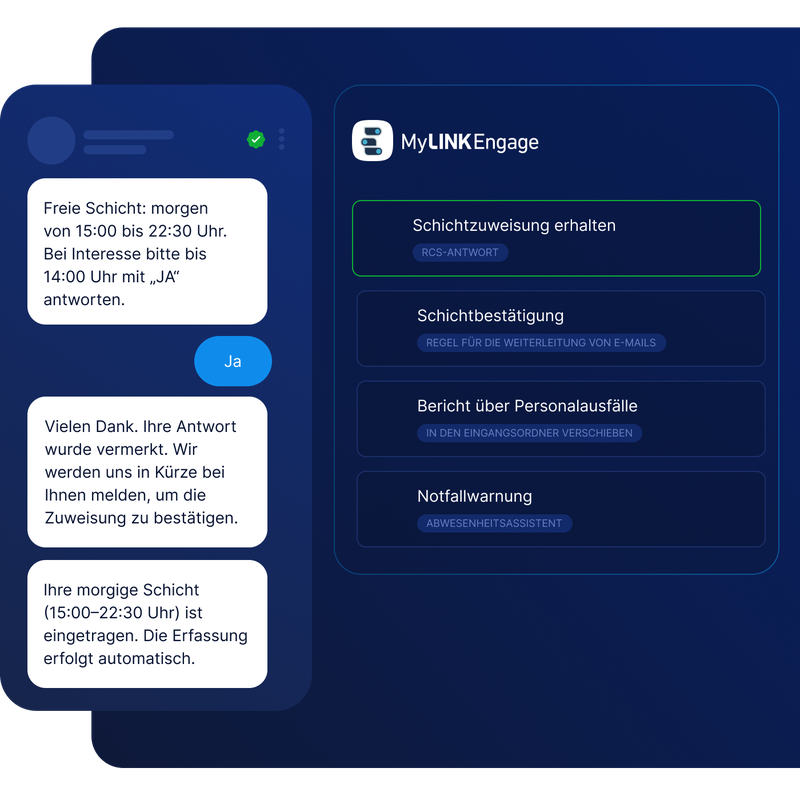 Eine Oberfläche für Nachrichten und Dienstpläne zeigt eine Unterhaltung am Smartphone zur Dienstplanung sowie ein Menü mit Optionen wie „Dienstzuweisung“ und „Notfallalarm“ an.