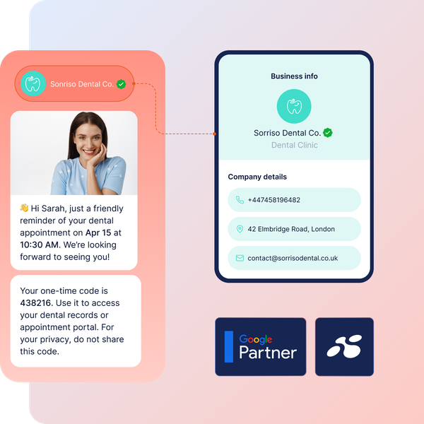 Image of RCS Business Messaging showing a verified dental clinic sending appointment reminders and OTP authentication, illustrating secure, branded communication and customer trust using the RCS Business Messaging API