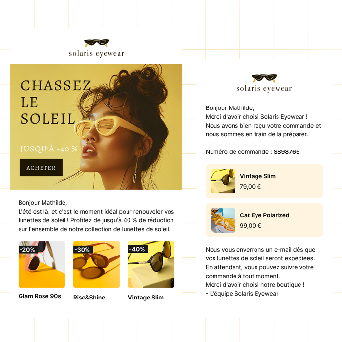 Image promotionnelle de Solaris Eyewear montrant une femme portant des lunettes de soleil, avec des réductions allant jusqu'à 40 %. Comprend la confirmation de commande pour les modèles « Vintage Slim » et « Cat Eye Polarized ».