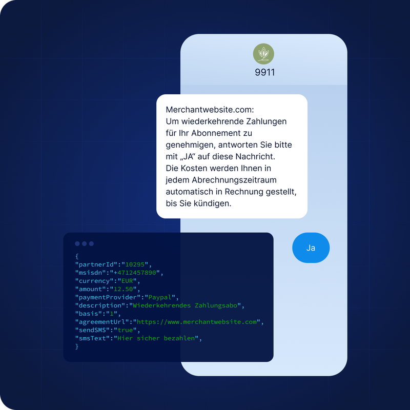 Customer approves recurring payment subscription by replying YES to SMS short code 9911. JSON code snippet shows API call details for processing subscription with PayPal and SMS confirmation.