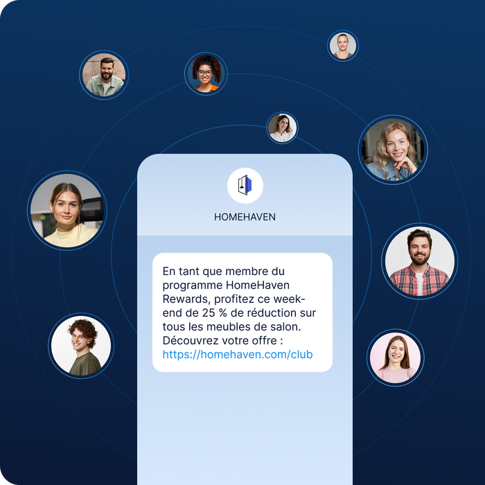 Une promotion en ligne destinée aux membres du programme HomeHaven Rewards, proposant une réduction de 25 % sur le mobilier de salon, illustrée par des portraits circulaires représentant des personnes issues de divers horizons.