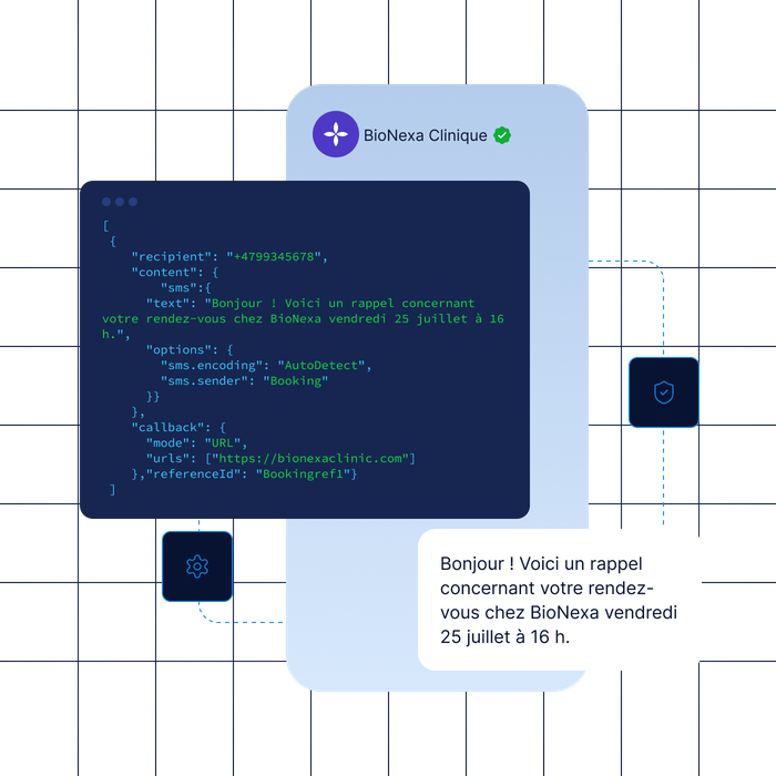 Illustration numérique représentant un rappel par SMS pour un rendez-vous chez BioNexa Clinique, avec des éléments de code JSON affichés à côté.