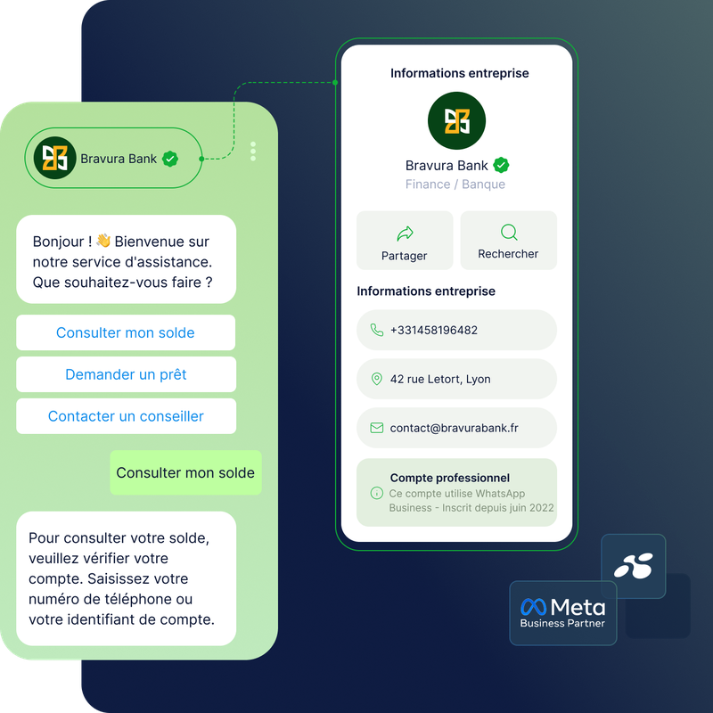 Image de l'interface d'une application bancaire proposant des options pour consulter son solde, demander un prêt ou contacter un conseiller, ainsi que les coordonnées de l'entreprise.