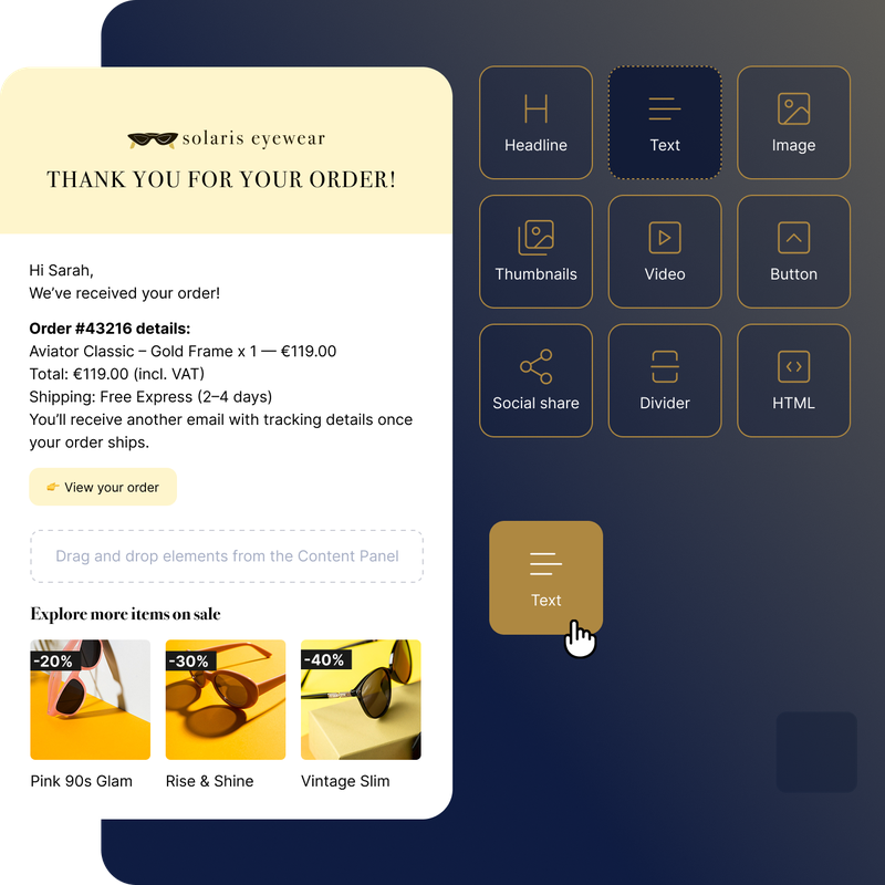 Image showing an e-commerce order confirmation email from Solaris Eyewear, created using a drag-and-drop editor powered by a Business Email API, including order summary, CTA button, and product recommendations.