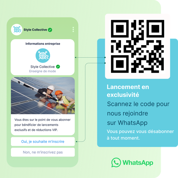 A promotional image showing a WhatsApp subscription invitation with a QR code. Includes text and a photo of two people working on solar panels.