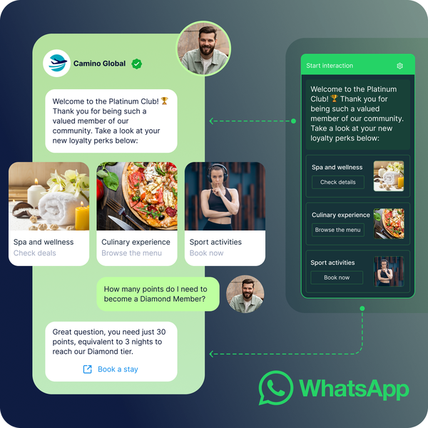 Image showing a WhatsApp two-way messaging chatbot conversation where a customer interacts with automated responses, explores loyalty rewards, and receives personalized recommendations through conversational messaging.