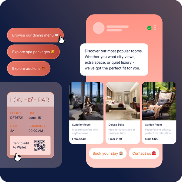 Image showing an RCS two-way messaging experience where a user browses dining options, explores services, and books rooms through rich, interactive cards and chatbot automation in a branded messaging interface.