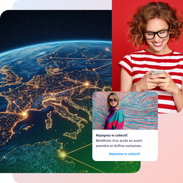Une image composite représentant la Terre de nuit, avec des liaisons lumineuses, et une femme souriante vêtue d'un t-shirt rayé rouge, les yeux rivés sur son téléphone.
