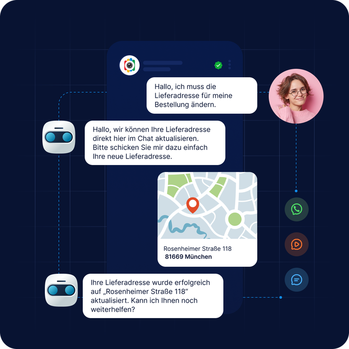 Kundenservice-Dialog mit KI-Chatbot und Zwei-Wege-Messaging, bei dem ein Nutzer seine Lieferadresse aktualisiert und sofortigen Support über SMS, WhatsApp und RCS erhält.