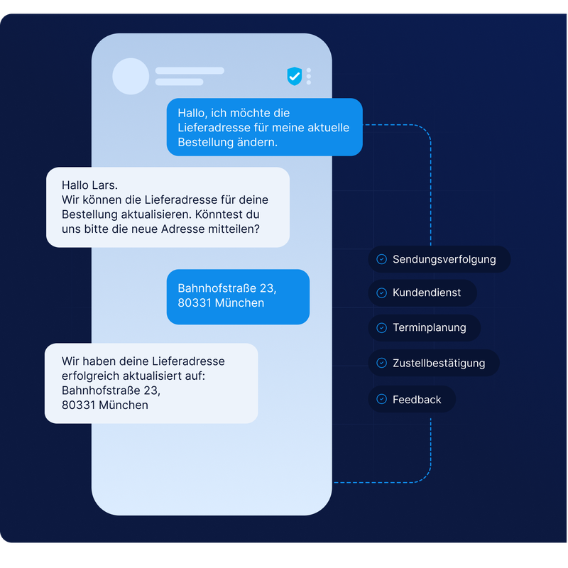 Adressänderung per Chat über die Kommunikationslösungen von LINK Mobility für Logistik und Supply Chain mit verbessertem Kundenservice, genauer Zustellung und Echtzeit-Updates.