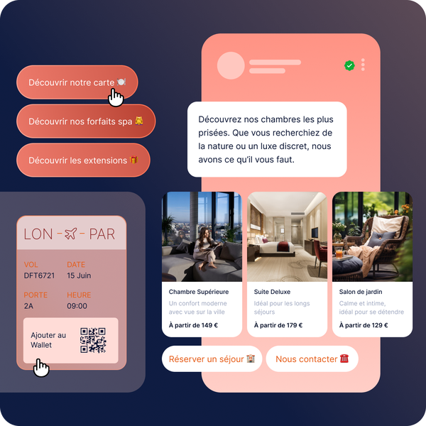 Une interface sur le thème du voyage, présentant les détails des vols, les options d'hébergement, ainsi que des boutons permettant de découvrir les offres et de réserver un séjour.