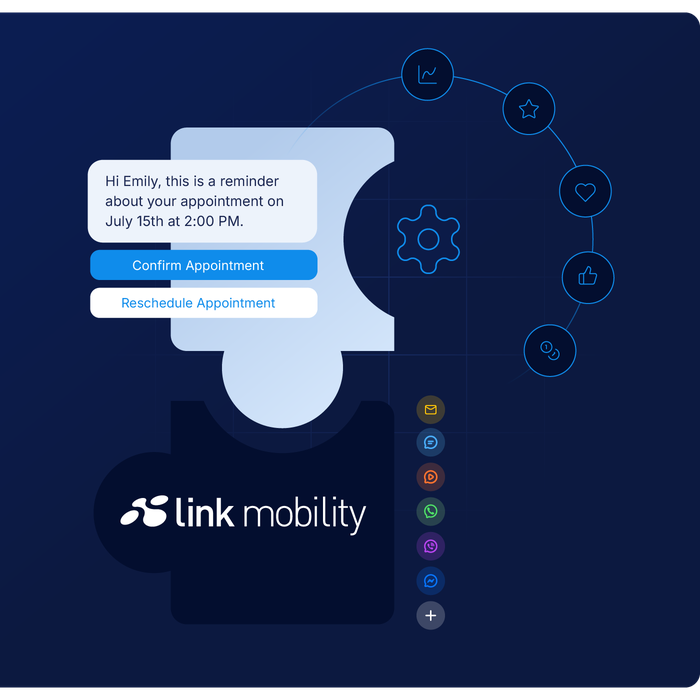 LINK Mobility puzzle piece completing platform integration with messaging automation, showing a reminder message with appointment options and multi-channel icons.
