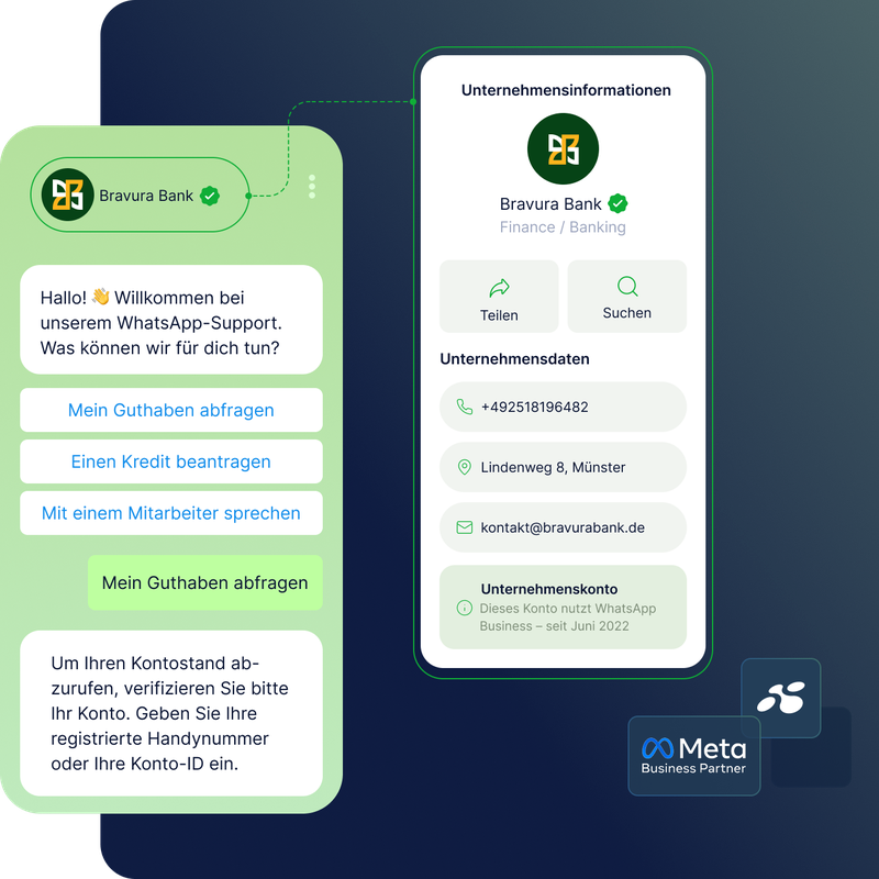 Verifiziertes WhatsApp Business Messaging von Bravura Bank mit automatisierten Services wie Kontostandsabfrage und Kreditantrag. Bereitgestellt über die Messaging-Lösungen von LINK Mobility.