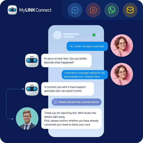 Image showing a customer service conversation using AI chatbot and two-way messaging where a user reports fraud and is seamlessly escalated to a live support agent across SMS, WhatsApp and RCS channels.