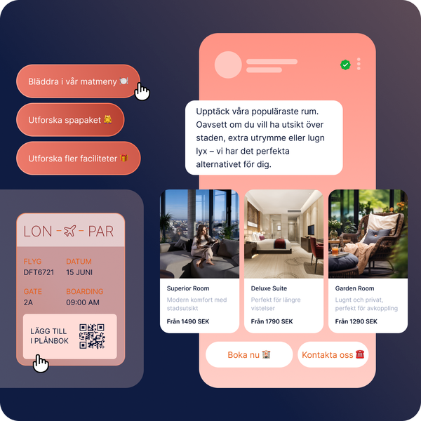 Bild som visar en RCS-chatbot där användaren utforskar restauranger, tjänster och bokar rum med interaktiva kort och AI-driven automation i en verifierad och varumärkesanpassad meddelandeupplevelse.