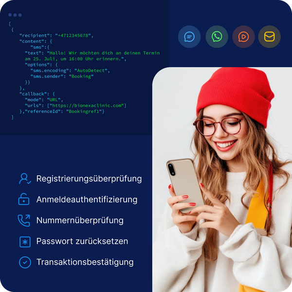 OTP-Verifizierungsintegration für Apps über Messaging APIs mit Unterstützung für Registrierung, Login-Authentifizierung, Rufnummernprüfung, Passwort-Reset und Transaktionsbestätigung über SMS, WhatsApp, RCS und E-Mail.
