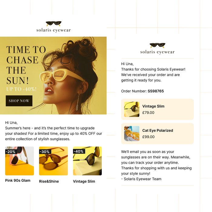 Two Solaris Eyewear emails showing a summer sale offer with discounts and a confirmation message with order number, product images, prices, and delivery info.