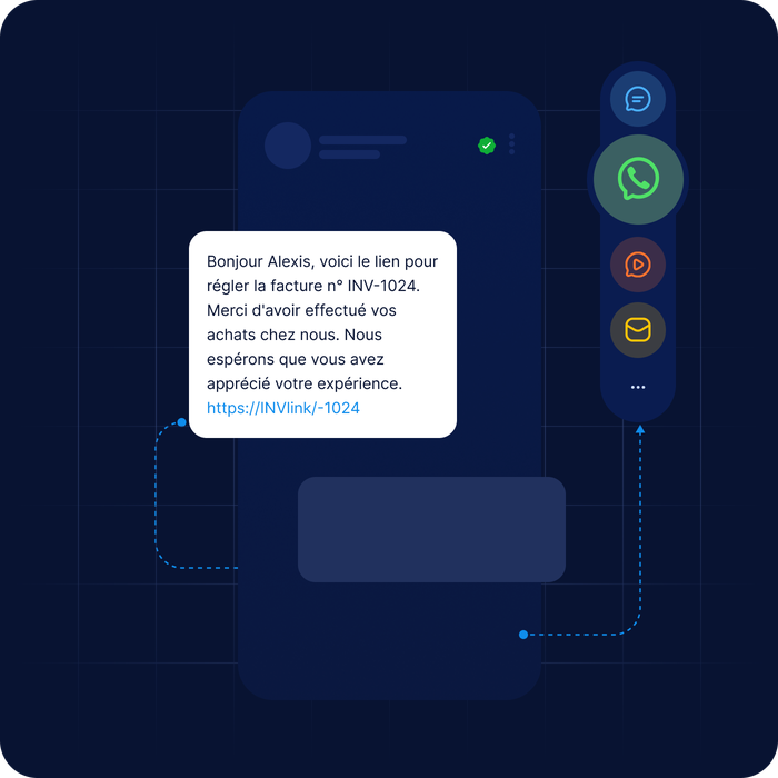 L'écran d'un smartphone affichant un message en français accompagné d'un lien de paiement. Des icônes d'applications de messagerie apparaissent à droite.