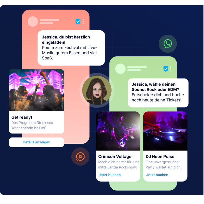 Interaktive WhatsApp- und RCS-Nachrichten zur Bewerbung von Festival-Events, die zeigen, wie LINK Mobility Omnichannel-Messaging für Event- und Retail-Engagement ermöglicht.
