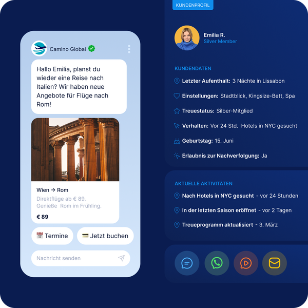 Mobile Benachrichtigung mit personalisiertem Reiseangebot auf Basis von Kundendaten und Verhalten zur Bereitstellung relevanter Echtzeit-Updates und Steigerung des Engagements durch zielgerichtetes Messaging.