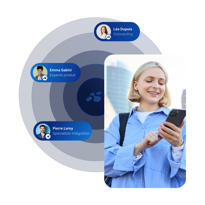 Une femme en chemise bleue, souriante, regardant son téléphone, à côté d'une illustration représentant trois professionnels accompagnés de leurs intitulés de poste : Intégration, Expert produit, Spécialiste en intégration.