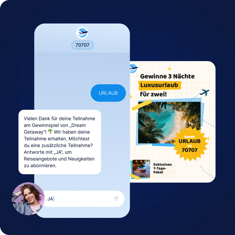 Eine Person sendet per SMS das Stichwort „YES“ an die Kurzwahlnummer 70707, um an einem Reisegewinnspiel teilzunehmen. Gleichzeitig meldet sie sich für den Erhalt von exklusiven Angeboten und Informationen per SMS an. Die Darstellung veranschaulicht die Nutzung von SMS-Shortcodes für Gewinnspiele, Marketingkampagnen und die Einholung von Kundenzustimmungen (Opt-in).