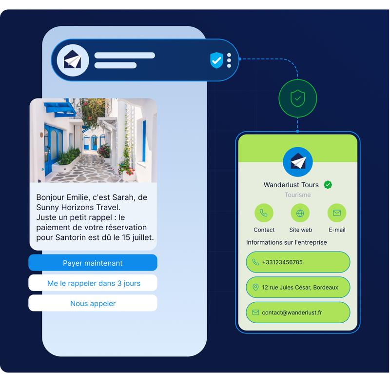 Un message rappelant le paiement d'un voyage à Santorin, avec les coordonnées de Wanderlust Tours, proposant différentes options : payer, programmer un rappel ou appeler.