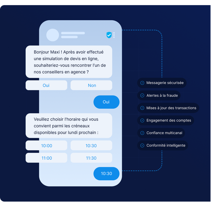 Une interface de messagerie présentant une conversation concernant la prise de rendez-vous avec un consultant, avec des options permettant de sélectionner les créneaux horaires disponibles. Une liste à puces présente des fonctionnalités telles que la messagerie sécurisée et les alertes de fraude.