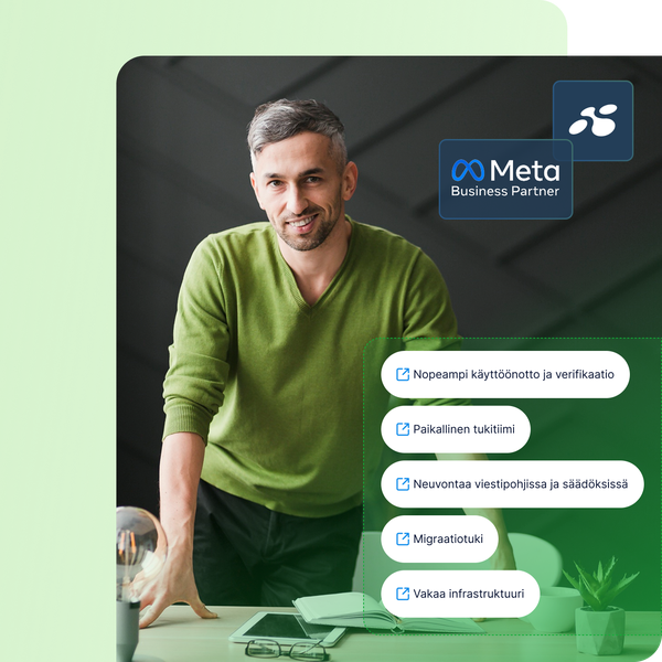 Meta Business Partner -kumppanuutta esittelevä yritysaiheinen kuva, jossa korostetaan WhatsApp Business -ratkaisujen hyötyjä. Kuvassa näkyy henkilö työympäristössä sekä listaus eduista, kuten nopeampi käyttöönotto ja verifikaatio, paikallinen tukitiimi, viestipohjien ja säädösten neuvonta, migraatiotuki ja vakaa infrastruktuuri.