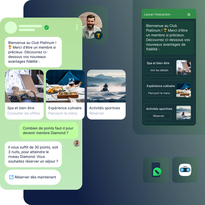 Interface d'application mobile en français dédiée à l'adhésion au club Platinum, présentant les activités de spa, gastronomiques et sportives avec des options de réservation.