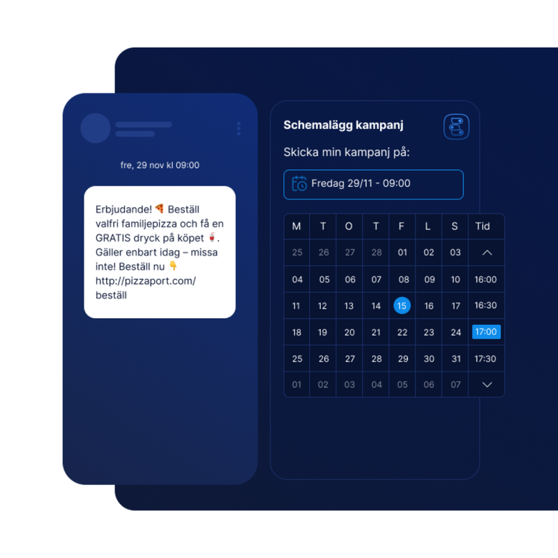 En SMS-kampanj för en pizzeria med en kalender som visar hur man kan schemalägga SMS-utskick