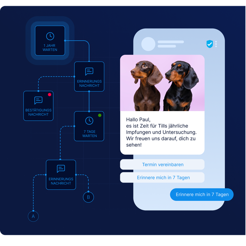 Automatisierter Messaging-Flow mit LINK Mobility APIs für personalisierte Erinnerungen und Buchungsoptionen, jährlich ausgelöst für die Tiergesundheit.
